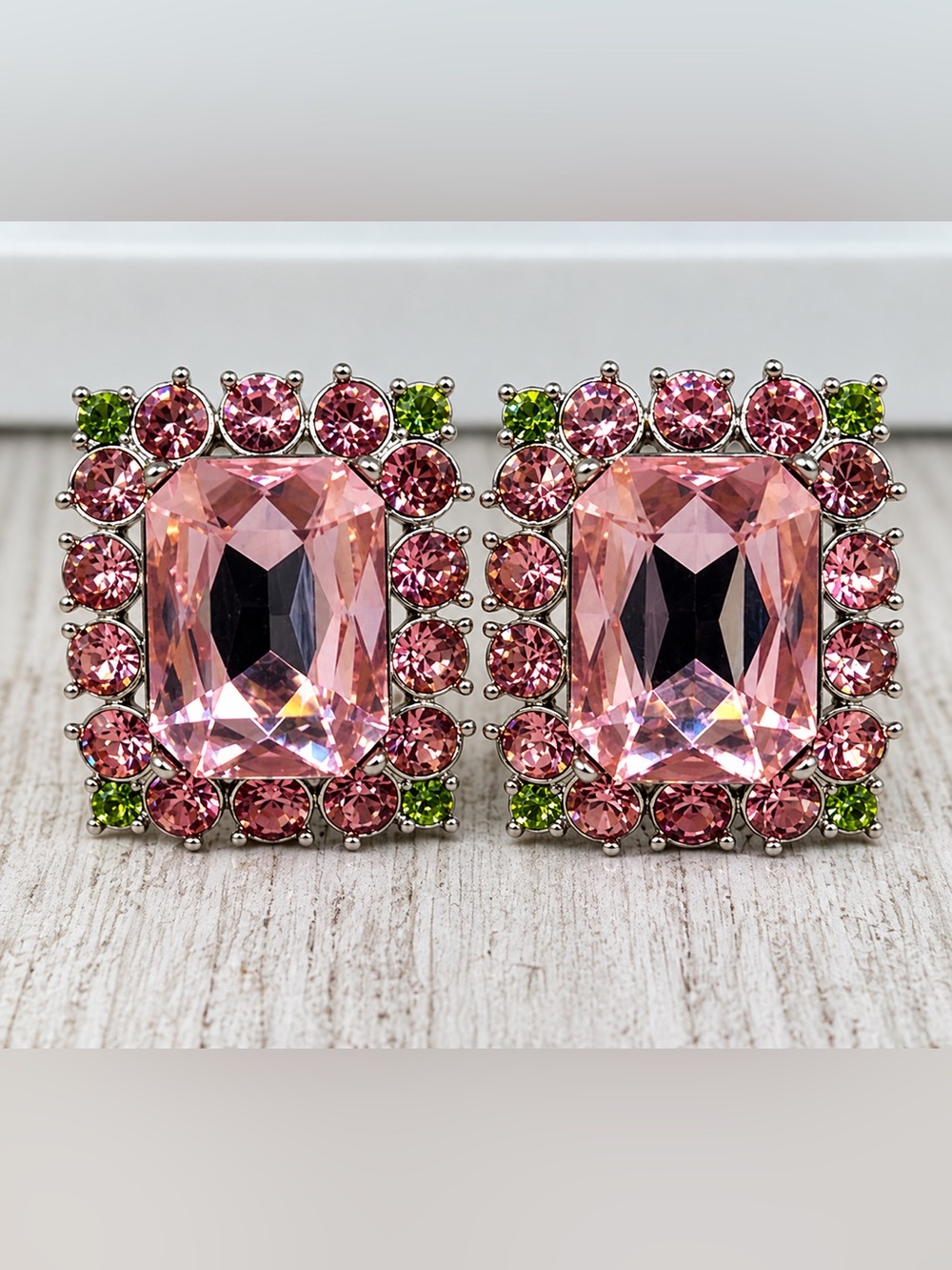 541. Oversized Pink Green Rhinestone Clip On Earrings Art Deco Statement